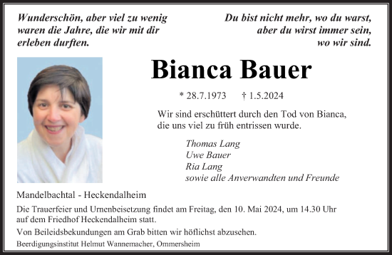 Todesanzeige von Bianca Bauer von saarbruecker_zeitung