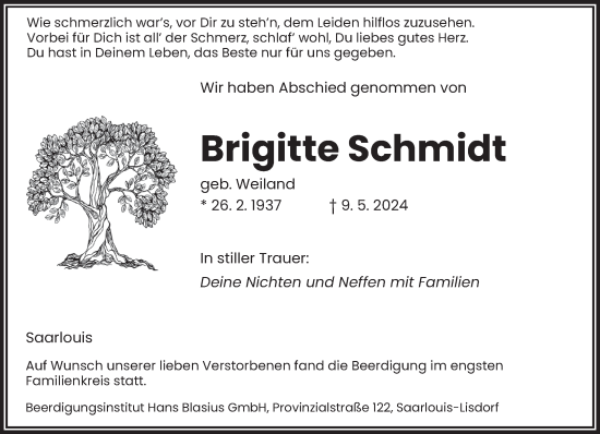 Todesanzeige von Brigitte Schmidt von saarbruecker_zeitung