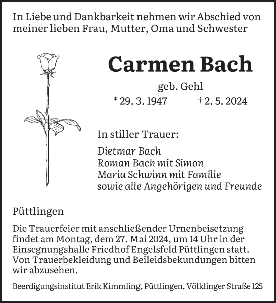 Todesanzeige von Carmen Bach von saarbruecker_zeitung