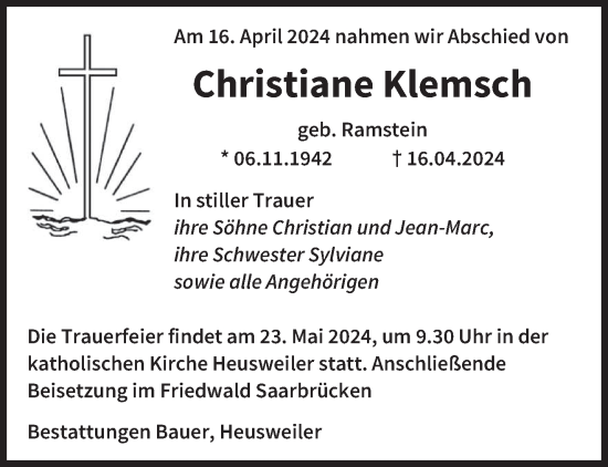 Todesanzeige von Christiane Klemsch von saarbruecker_zeitung