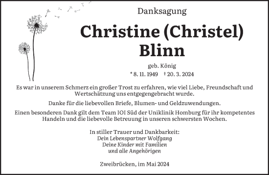 Todesanzeige von Christine Blinn von saarbruecker_zeitung