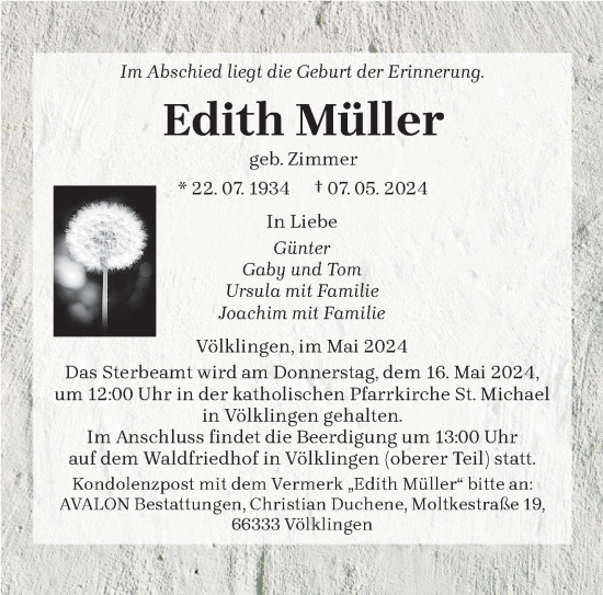 Todesanzeige von Edith Müller von saarbruecker_zeitung