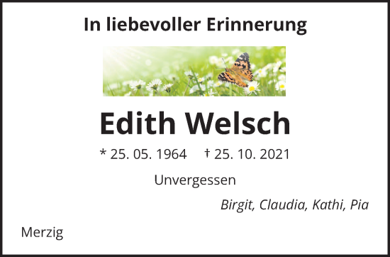 Todesanzeige von Edith Welsch von saarbruecker_zeitung