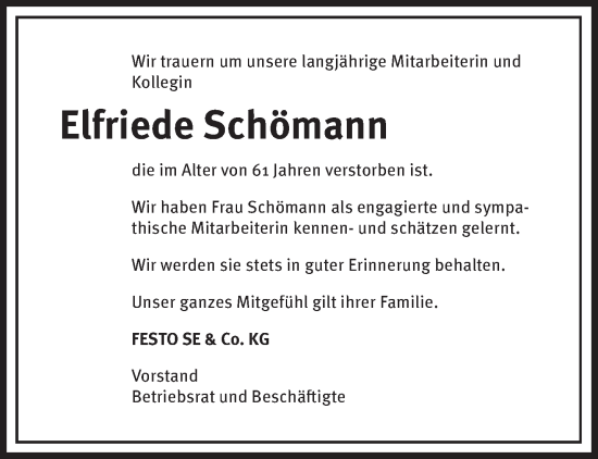 Todesanzeige von Elfriede Schömann von saarbruecker_zeitung