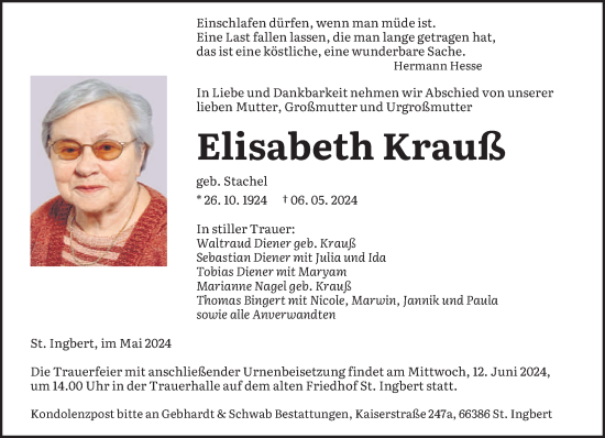 Todesanzeige von Elisabeth Krauß von saarbruecker_zeitung