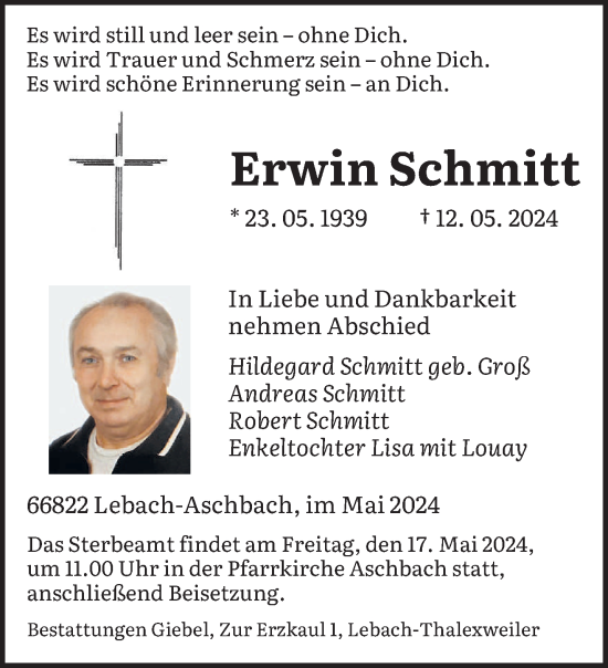 Todesanzeige von Erwin Schmitt von saarbruecker_zeitung