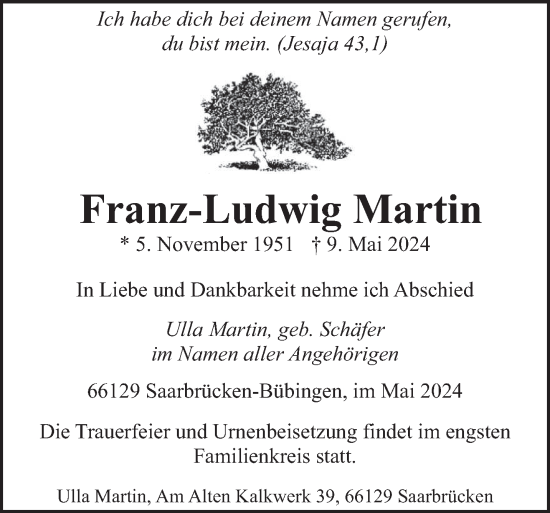 Todesanzeige von Franz-Ludwig Martin von saarbruecker_zeitung