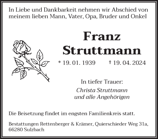 Todesanzeige von Franz Struttmann von saarbruecker_zeitung
