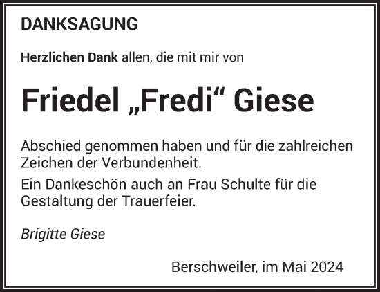 Todesanzeige von Friedel  Giese von saarbruecker_zeitung