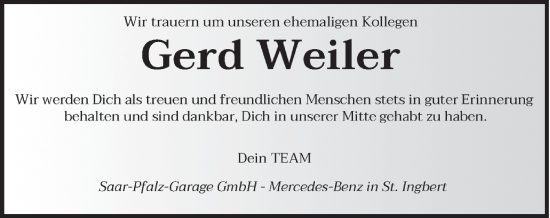 Todesanzeige von Gerd Weiler von saarbruecker_zeitung