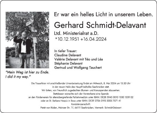 Todesanzeige von Gerhard Schmidt-Delavant von saarbruecker_zeitung