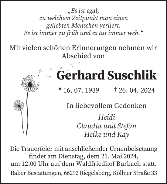 Todesanzeige von Gerhard Suschlik von saarbruecker_zeitung