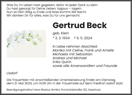 Todesanzeige von Gertrud Beck von saarbruecker_zeitung