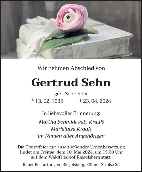 Todesanzeige von Gertrud Sehn von saarbruecker_zeitung