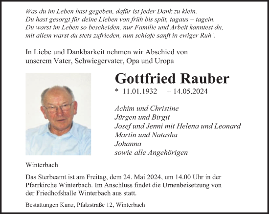 Todesanzeige von Gottfried Rauber von saarbruecker_zeitung