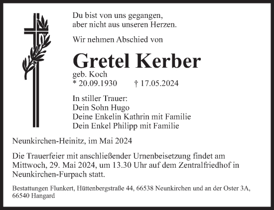Todesanzeige von Gretel Kerber von saarbruecker_zeitung