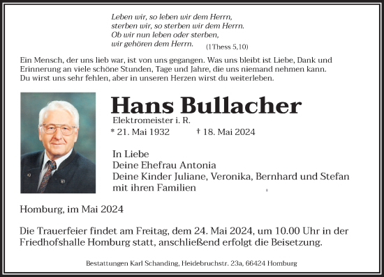 Todesanzeige von Hans Bullacher von saarbruecker_zeitung