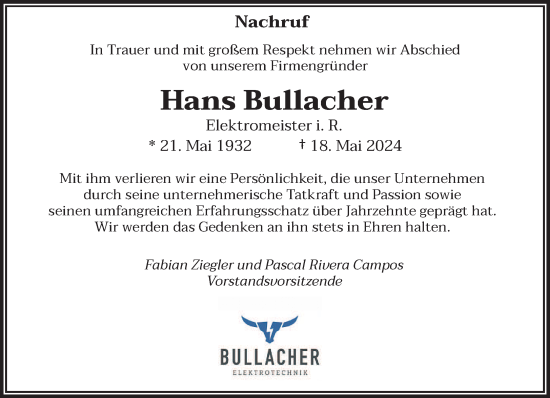 Todesanzeige von Hans Bullacher von saarbruecker_zeitung