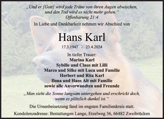 Todesanzeige von Hans Karl von saarbruecker_zeitung
