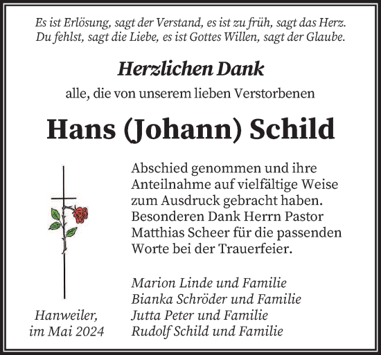 Todesanzeige von Hans Schild von saarbruecker_zeitung