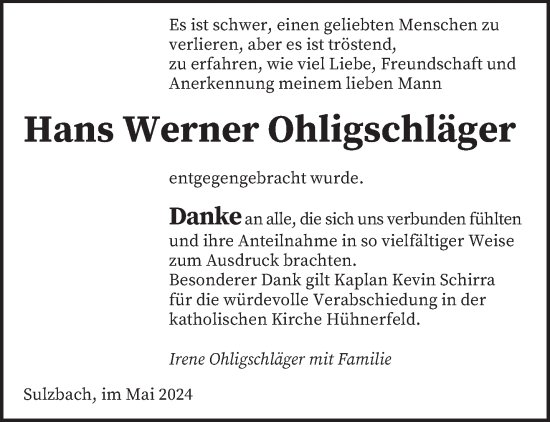 Todesanzeige von Hans Werner Ohligschläger von saarbruecker_zeitung