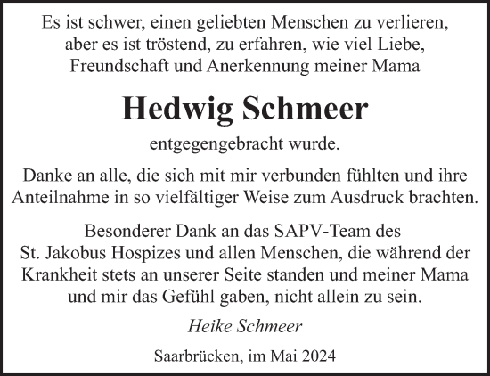 Todesanzeige von Hedwig Schmeer von saarbruecker_zeitung