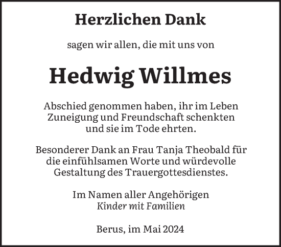 Todesanzeige von Hedwig Willmes von saarbruecker_zeitung