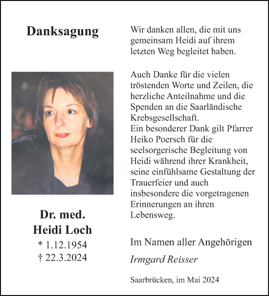 Todesanzeige von Heidi Loch von saarbruecker_zeitung