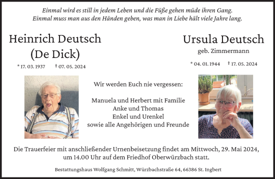 Todesanzeige von Heinrich und Ursula Deutsch von saarbruecker_zeitung