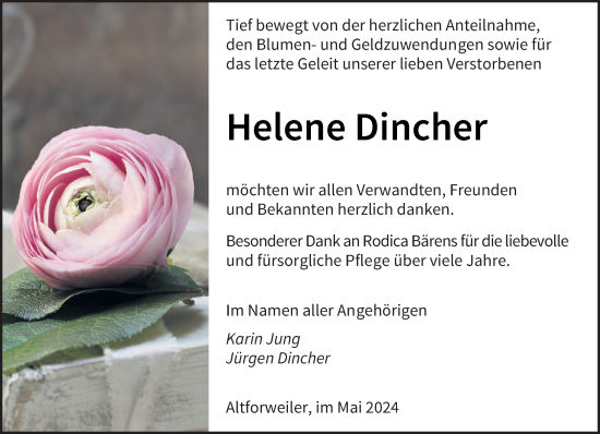 Todesanzeige von Helene Dincher von saarbruecker_zeitung