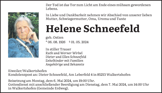 Todesanzeige von Helene Schneefeld von saarbruecker_zeitung