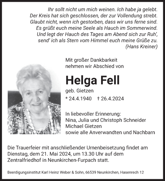 Todesanzeige von Helga Fell von saarbruecker_zeitung