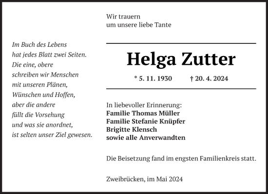 Todesanzeige von Helga Zutter von saarbruecker_zeitung