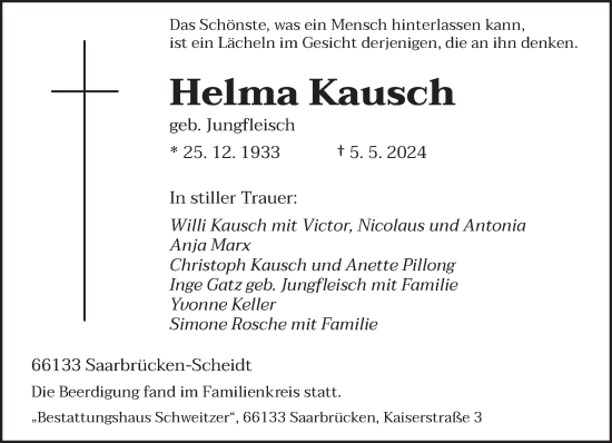Todesanzeige von Helma Kausch von saarbruecker_zeitung