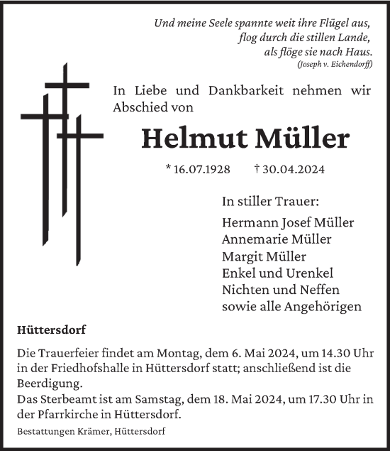 Todesanzeige von Helmut Müller von saarbruecker_zeitung