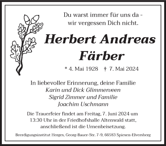 Todesanzeige von Herbert Andreas Färber von saarbruecker_zeitung