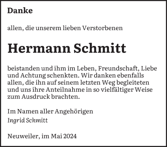 Todesanzeige von Hermann Schmitt von saarbruecker_zeitung