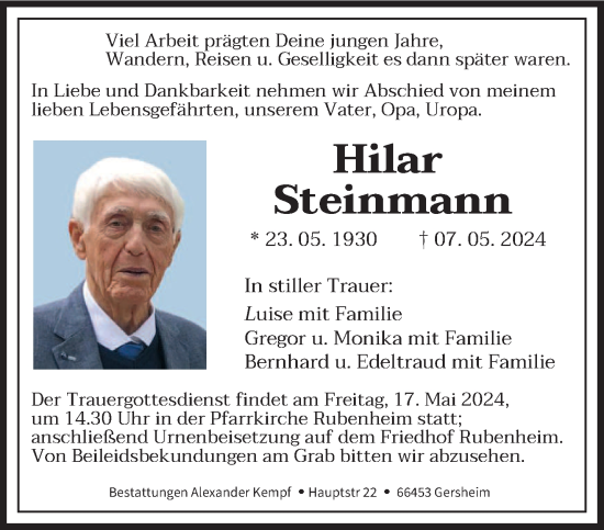 Todesanzeige von Hilar Steinmann von saarbruecker_zeitung