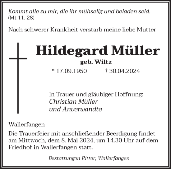 Todesanzeige von Hildegard Müller von saarbruecker_zeitung
