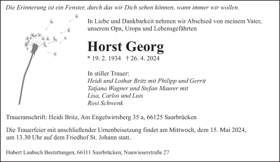 Todesanzeige von Horst Georg von saarbruecker_zeitung