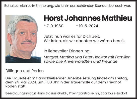 Todesanzeige von Horst Johannes Mathieu von saarbruecker_zeitung