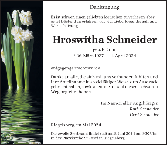 Todesanzeige von Hroswitha Schneider von saarbruecker_zeitung