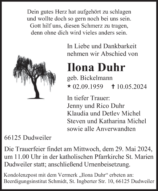 Todesanzeige von Ilona Duhr von saarbruecker_zeitung