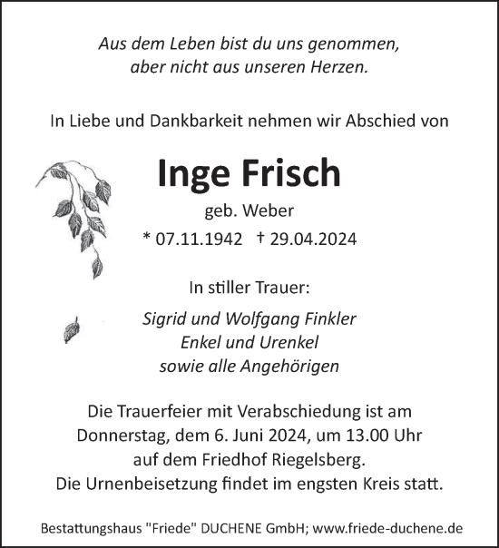 Todesanzeige von Inge Frisch von saarbruecker_zeitung