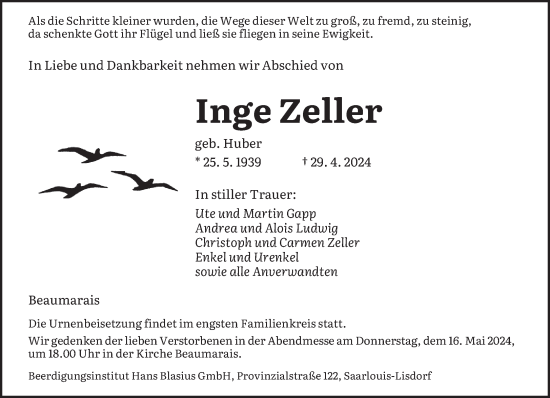 Todesanzeige von Inge Zeller von saarbruecker_zeitung