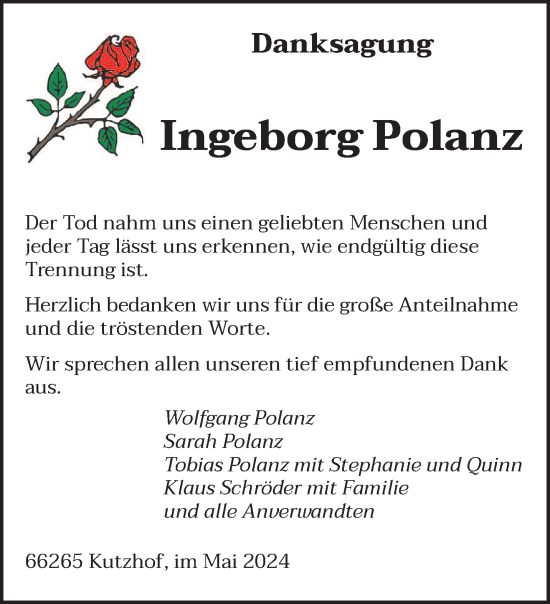 Todesanzeige von Ingeborg Polanz von saarbruecker_zeitung