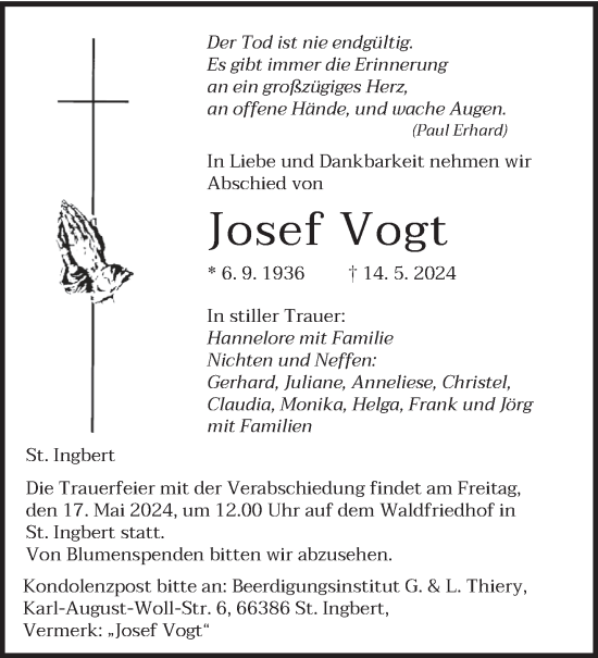 Todesanzeige von Josef Vogt von saarbruecker_zeitung
