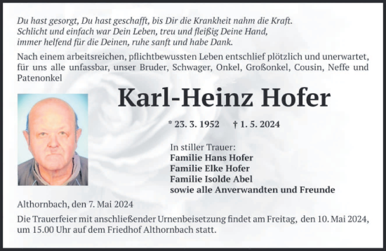 Todesanzeige von Karl-Heinz Hofer von saarbruecker_zeitung