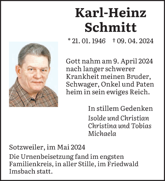 Todesanzeige von Karl-Heinz Schmitt von saarbruecker_zeitung