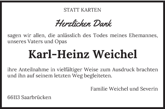 Todesanzeige von Karl-Heinz Weichel von saarbruecker_zeitung